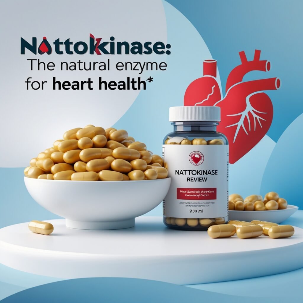 Nattokinase review: A bottle of nattokinase supplements next to a bowl of natto and a heart graphic, representing the benefits of nattokinase for heart health