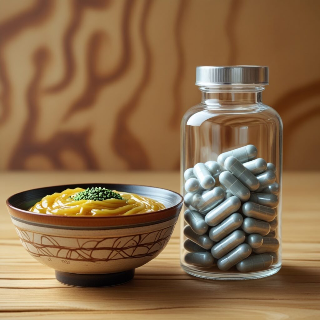 A bottle of nattokinase capsules next to a bowl of traditional Japanese natto, showcasing the source of this heart-healthy enzyme.