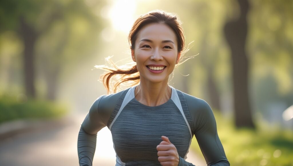 A smiling person jogging outdoors, representing the improved energy and heart health benefits of nattokinase.