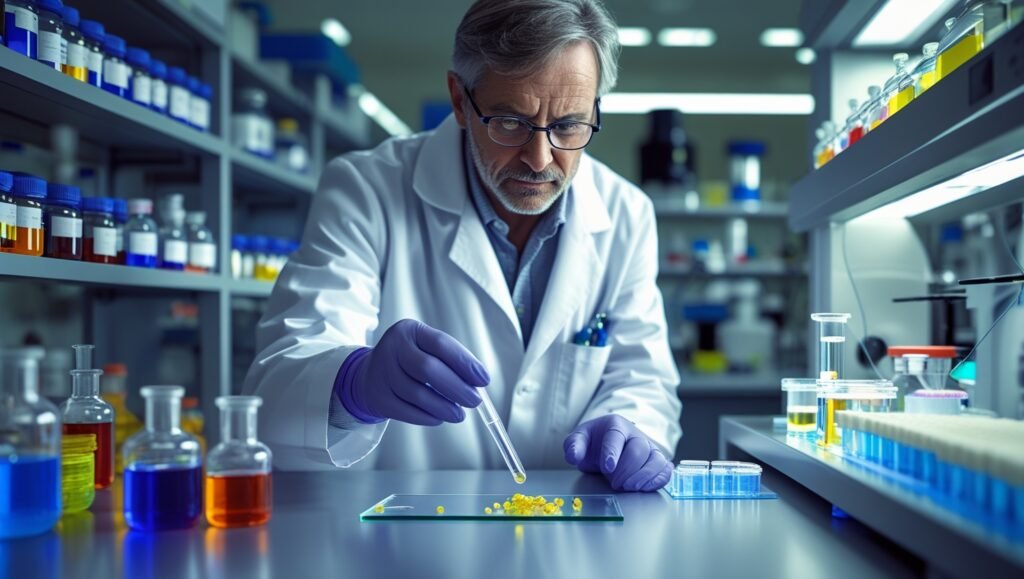 A scientist in a lab studying enzymes, representing the research behind nattokinase’s heart health benefits.