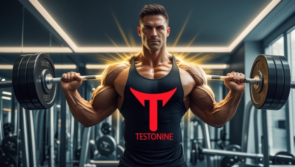 A man lifting weights in a gym, symbolizing increased energy and muscle growth from using Testonine.