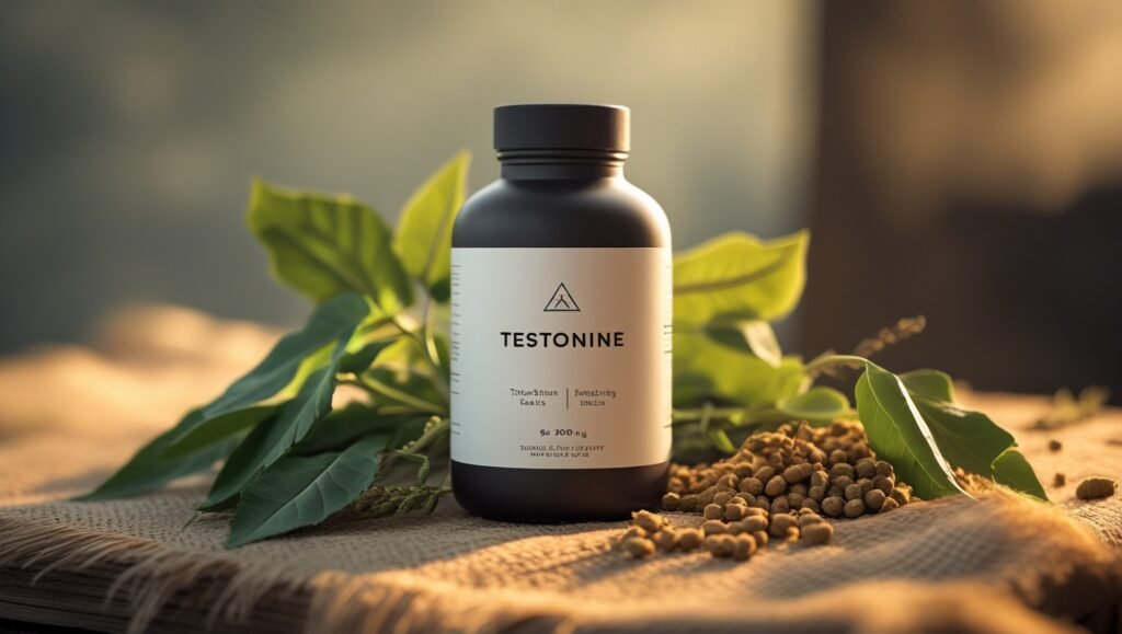 Close-up of Testonine bottle with natural ingredients like Fenugreek and Ashwagandha displayed alongside it.