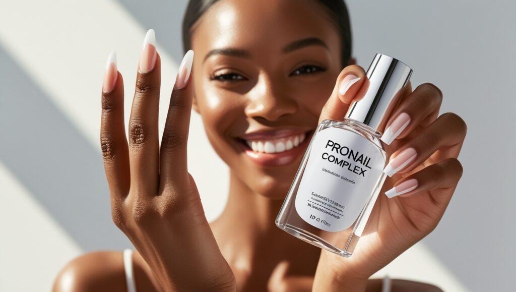 A warm and radiant customer, with a bright and genuine smile, proudly holds a sleek, transparent bottle of ProNail Complex.