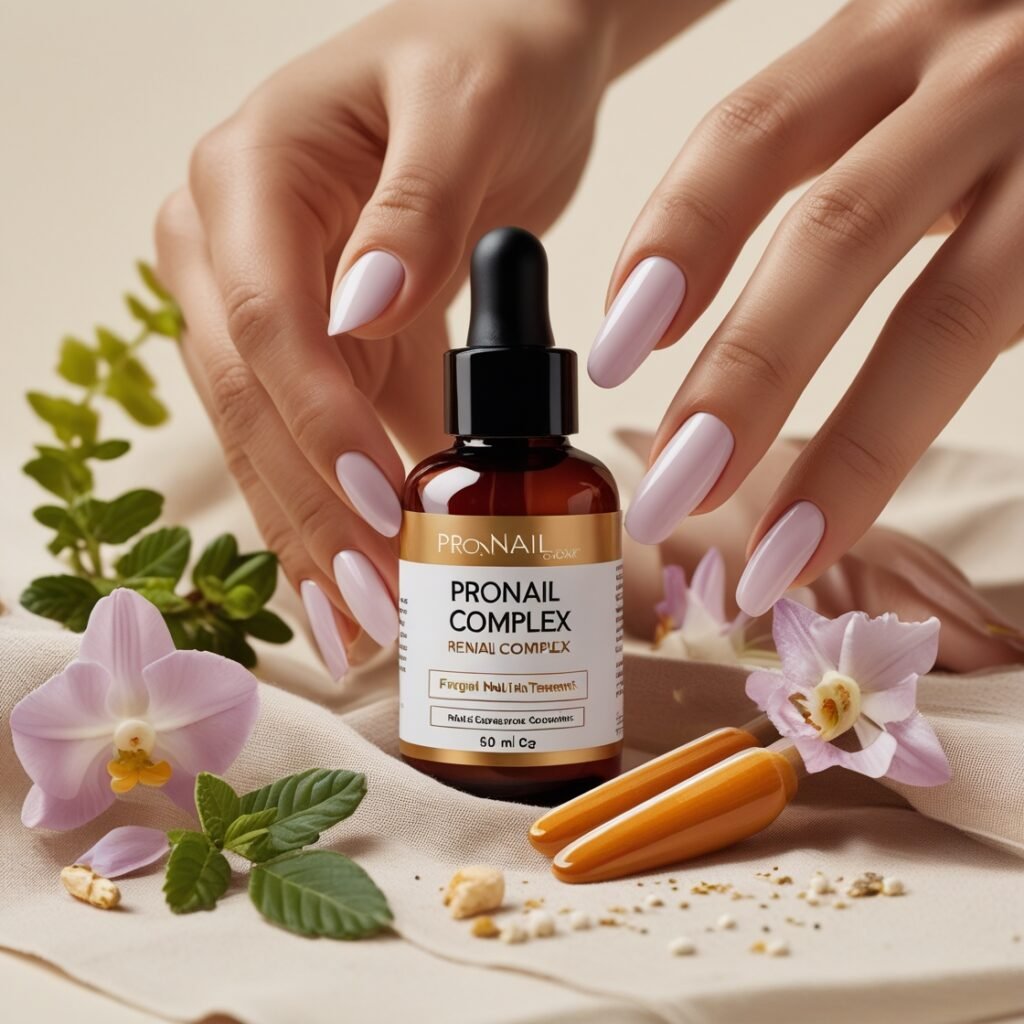 Pronail complex review: A close-up of healthy, glossy nails with a bottle of ProNail Complex serum placed beside them, showcasing the product's effectiveness in nail care.
