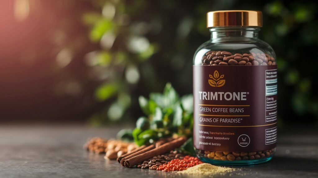 Close-up of Trimtone bottle with natural ingredients like green coffee and grains of paradise, showcasing its weight loss benefits.
