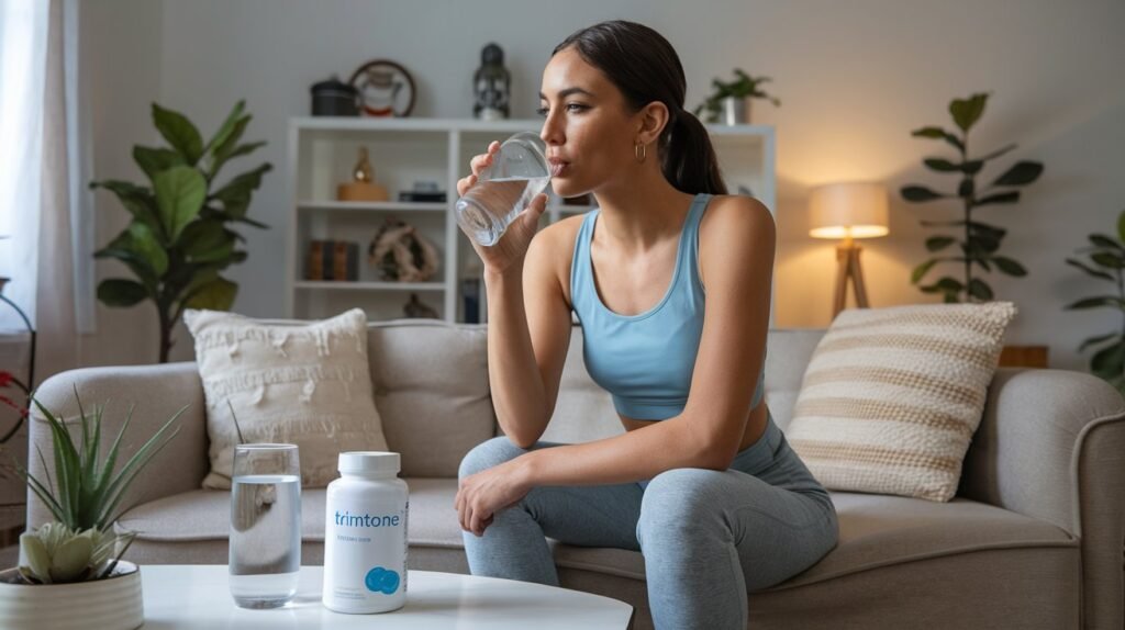 A woman drinking water after taking Trimtone, showcasing how it fits into a healthy daily routine.