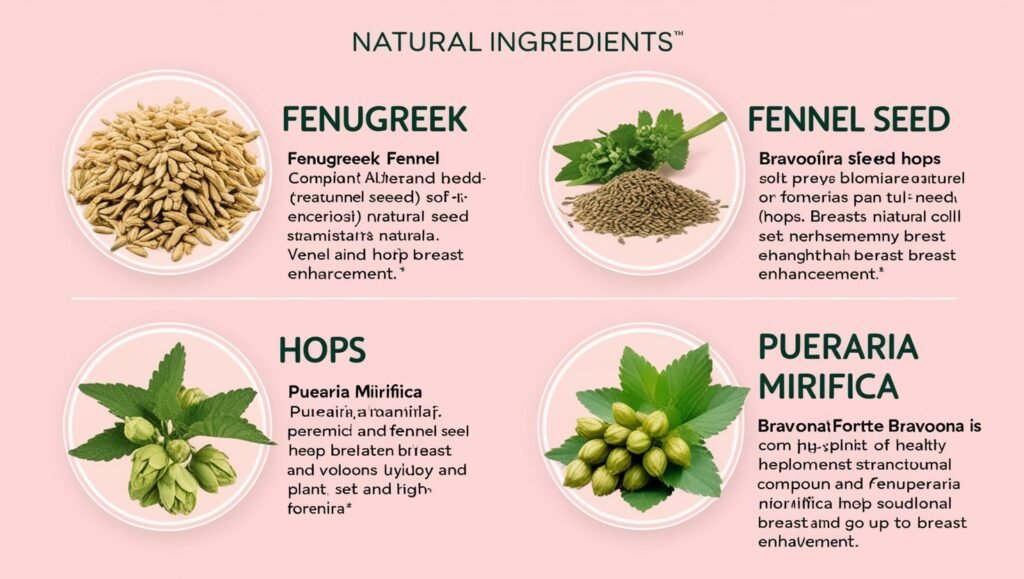 Image displaying the key natural ingredients of Bravona Forte, including fenugreek, fennel seed, hops, and Pueraria Mirifica, used for breast enhancement.