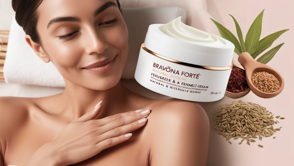 Image of a woman applying Bravona Forte cream to her chest, surrounded by natural ingredients like fenugreek and fennel seeds, in a calming spa-like setting