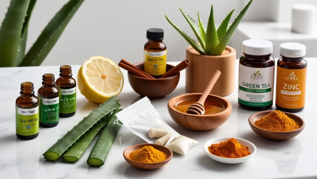 An array of natural acne remedy ingredients placed neatly on a white marble countertop