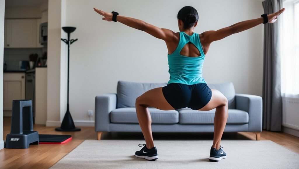 An image of a person performing high-intensity exercises like burpees or jump squats in a living room, with visible sweat and determination on their face. The background features a workout timer and simple home fitness gear like a step or resistance band, showing a high-effort workout in a small space.