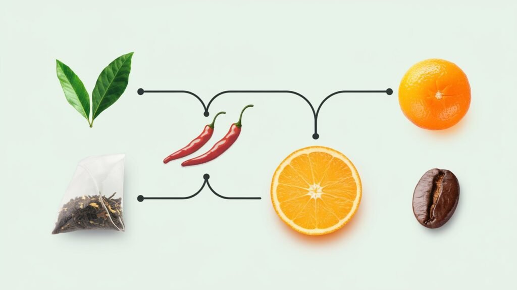 Illustration showing the key ingredients of Fast Burn Extreme, including green tea, chili peppers, orange slices, and caffeine.