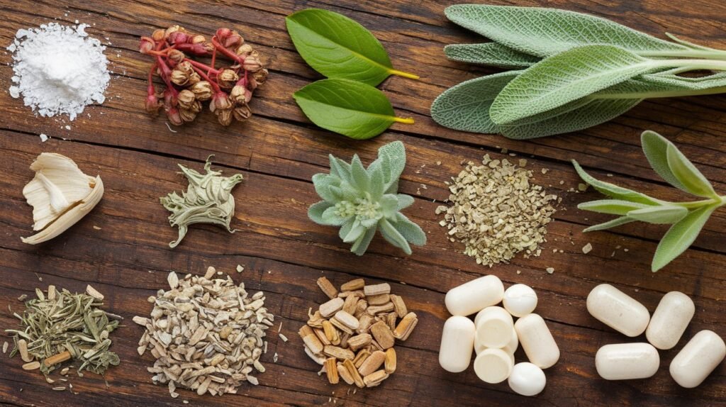 A close-up of natural ingredients like red clover, sage, and calcium sources used in NuviaLab Meno to provide menopause relief