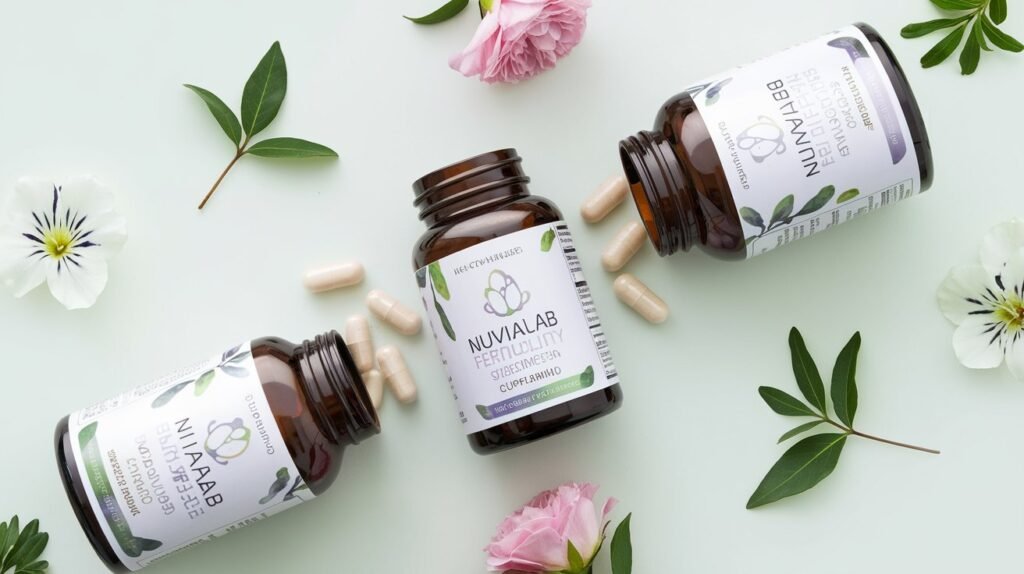 NuviaLab Female Fertility supplement bottle and packaging with capsules and natural elements.