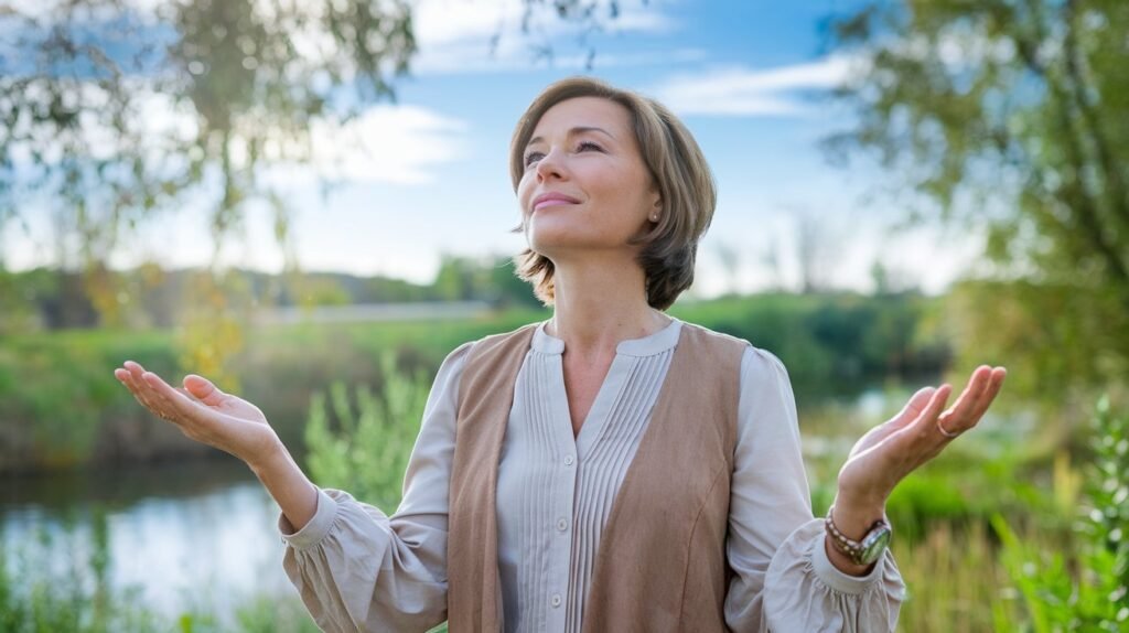 A relaxed middle-aged woman enjoying nature, representing the balance and well-being that NuviaLab Meno provides for menopause relief
