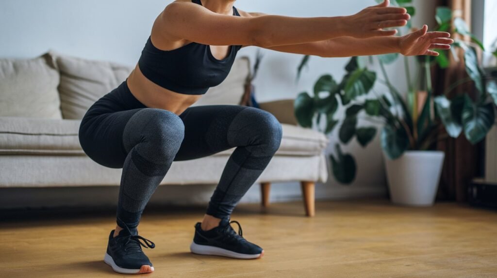 a person doing beginner-friendly HIIT exercises like squats. The person is wearing workout clothes in a home environment, highlighting the simplicity and accessibility of these exercises without equipment