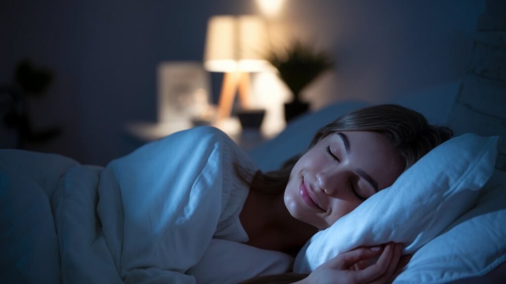 A middle-aged woman sleeping peacefully in a cozy bed, representing the improved sleep quality achieved with NuviaLab Meno