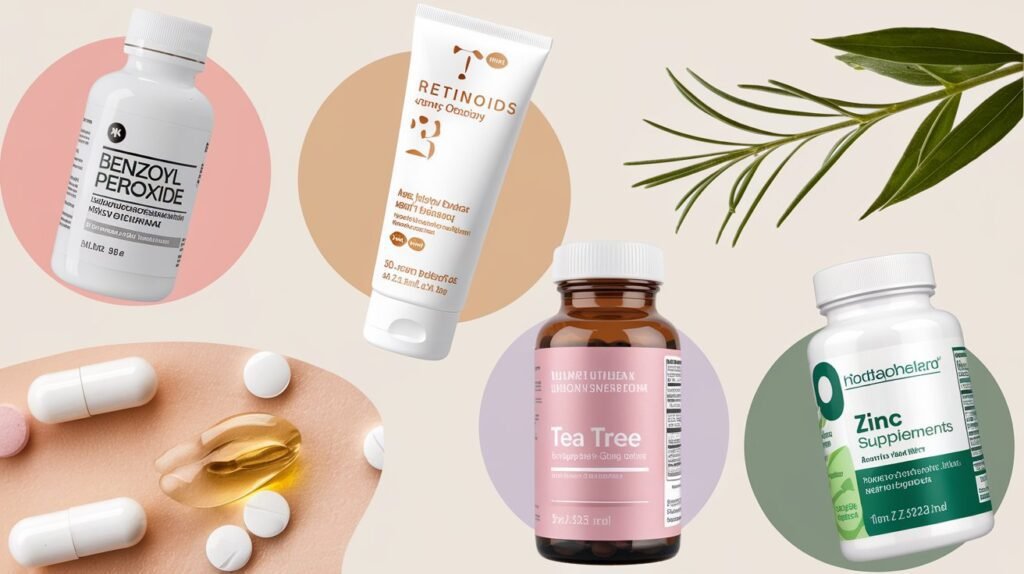 retinoids, benzoyl perioxide, ad zinc to treat hormonal acne