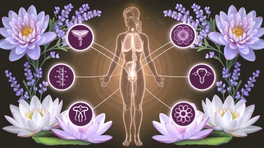 An artistic illustration or infographic showing a woman’s body in balance with icons or symbols representing hormones, vitality, and sexual wellness. Elements like a glowing aura, calming lavender, or lotus flowers can enhance the theme of harmony and empowerment.