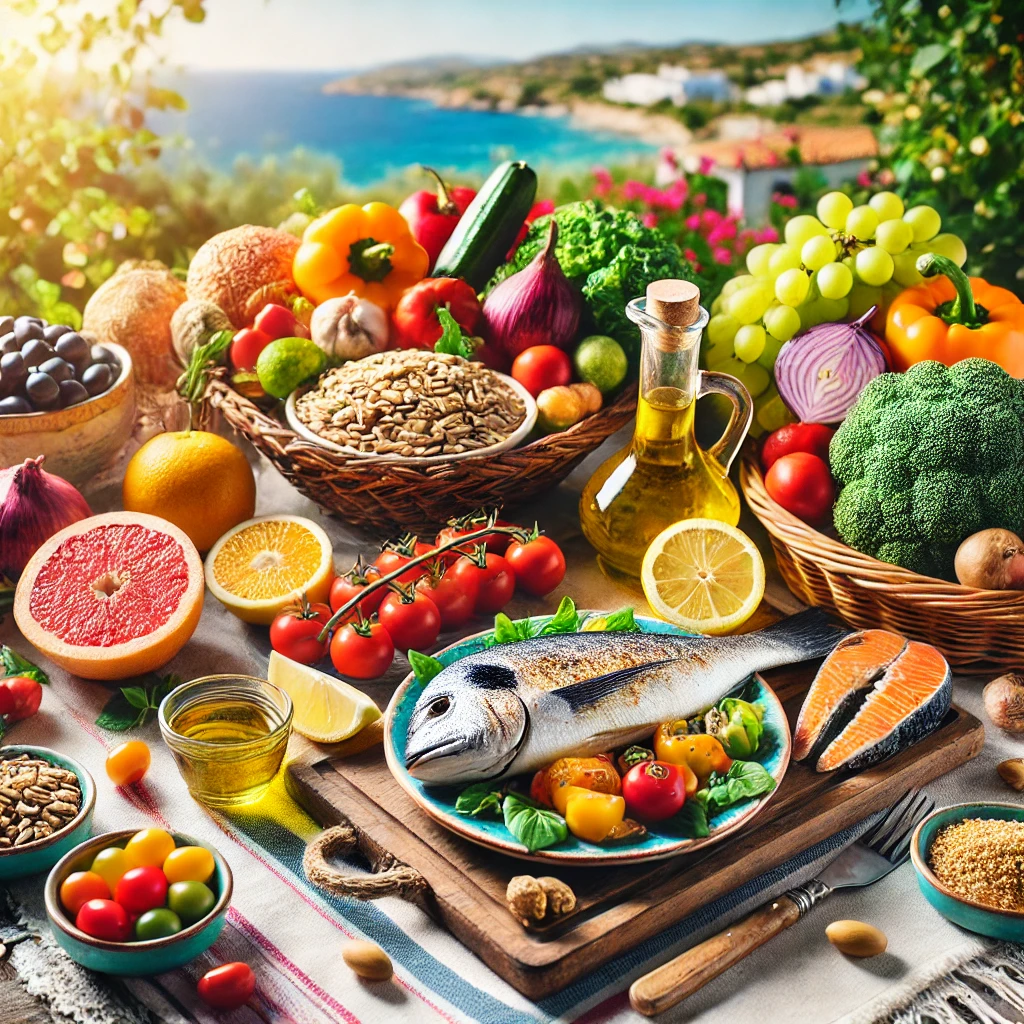 A vibrant Mediterranean diet with colorful vegetables, fruits, olive oil, whole grains, nuts, and grilled fish, set against a seaside background.