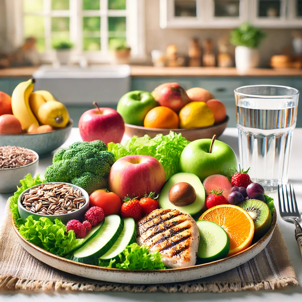 A vibrant, colorful plate showcasing a balanced meal with fresh fruits, vegetables, grilled chicken, whole grains, and a glass of water, representing the healthy foods encouraged by the DASH diet on a dining table with soft kitchen background lighting.