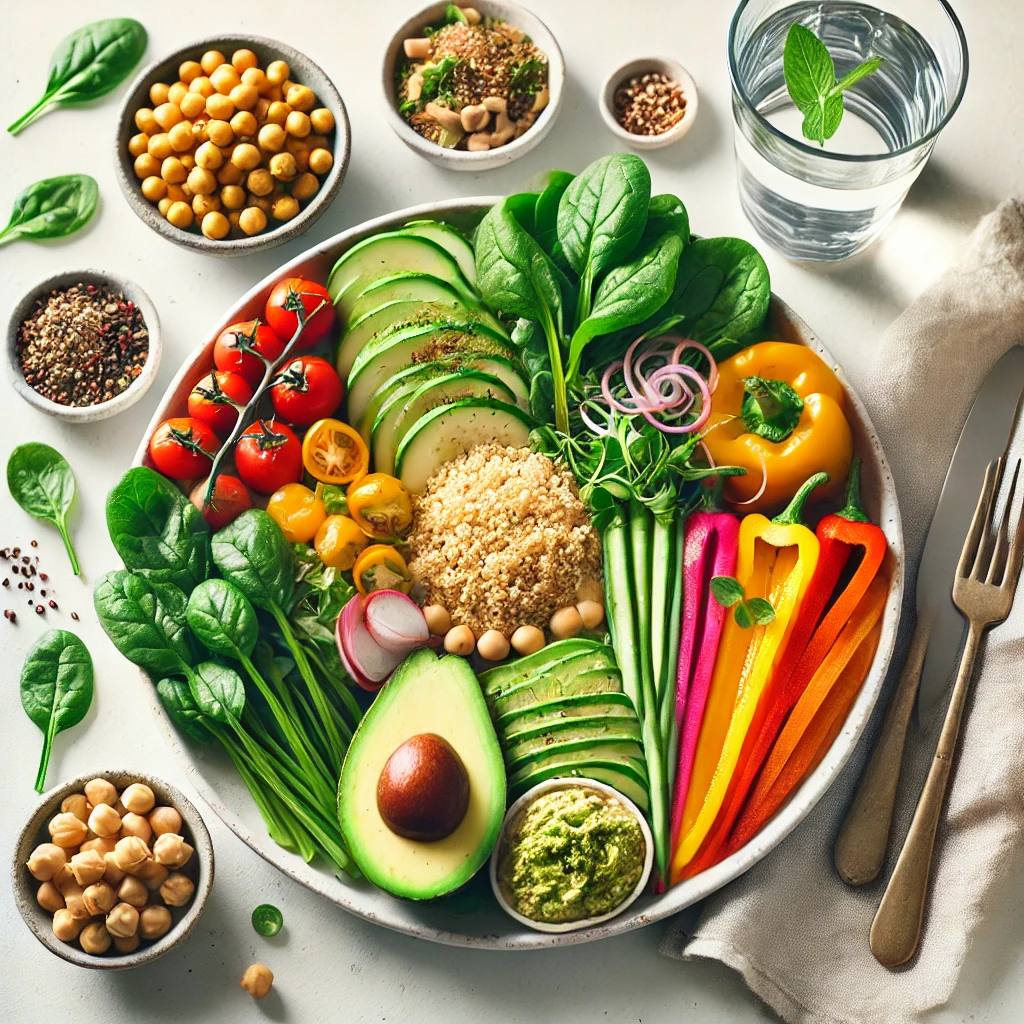 A colorful plant-based diet featuring spinach, bell peppers, avocado, quinoa, chickpeas, and a small bowl of hummus on a white plate with a clean, minimalist background.
