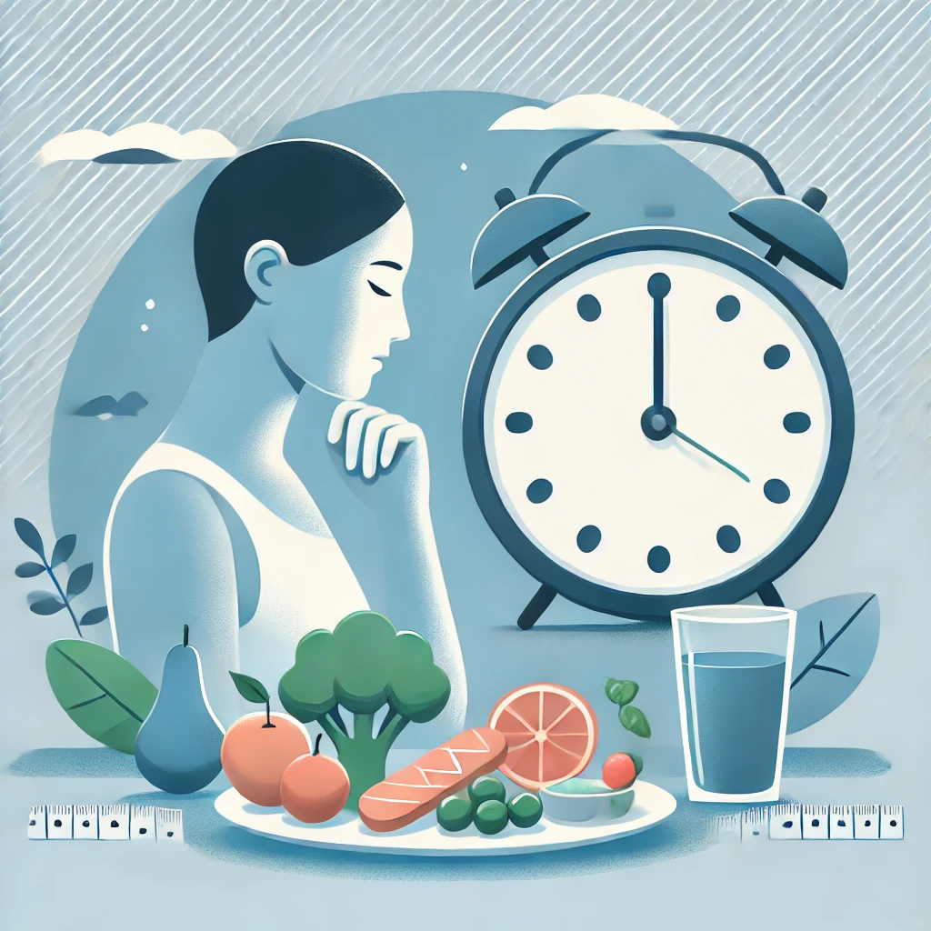 Person looking at a clock with healthy food nearby, symbolizing the intermittent fasting diet and time-restricted eating.