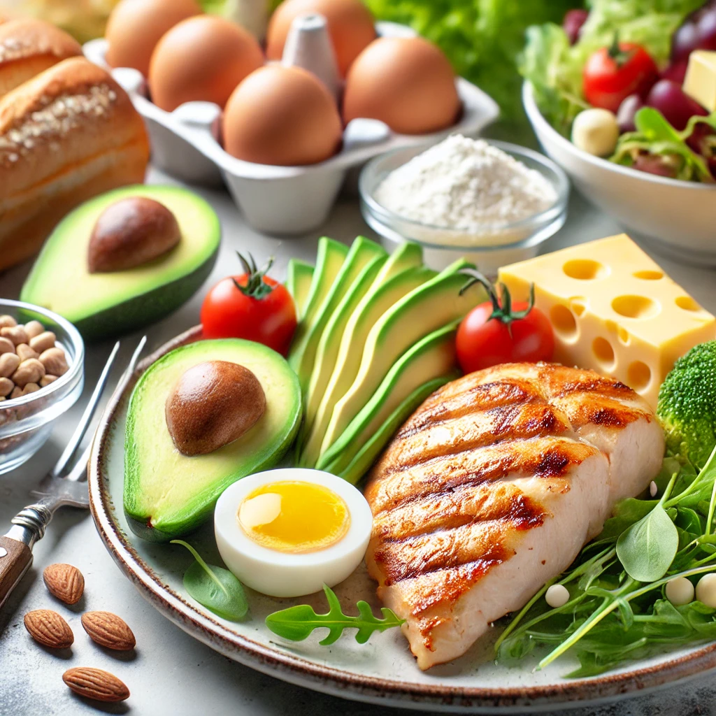 Atkins Diet: A plate featuring grilled chicken, leafy greens, avocado, and cheese, surrounded by low-carb foods like nuts, eggs, and butter, with blurred images of bread and sugary pastries in the background to represent restricted foods.