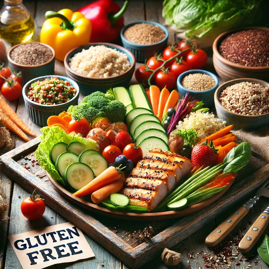 Gluten-Free Diet: Healthy, balanced gluten-free meal featuring fresh vegetables, lean proteins like grilled chicken, gluten-free grains such as quinoa, and fresh fruits on a rustic table.