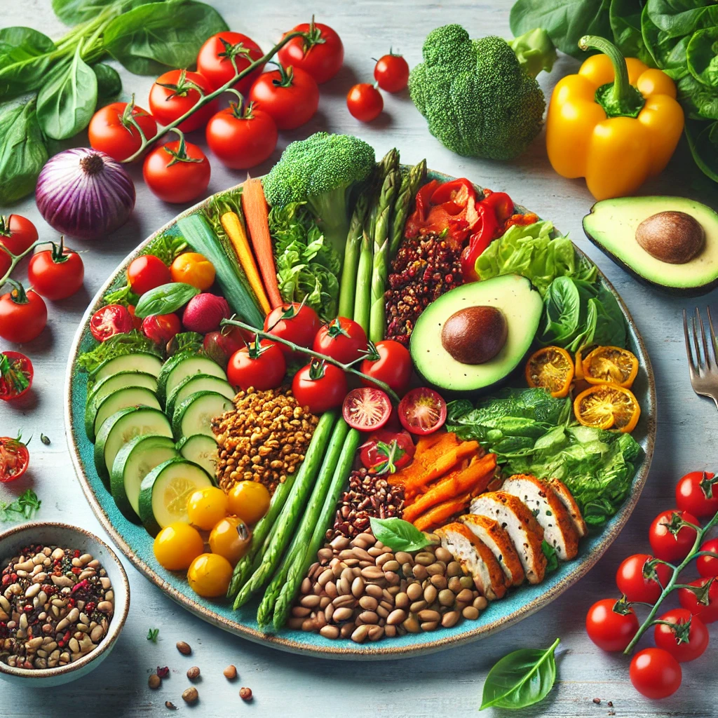A vibrant plate filled with plant-based foods including vegetables, legumes, grains, and a small portion of grilled chicken, showcasing a balanced flexitarian diet.