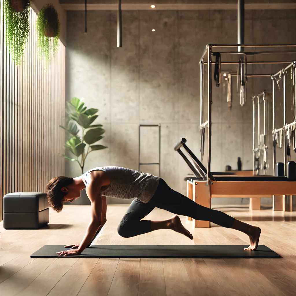 A person performing the Pilates Plank Leg Lift exercise on a mat in a well-lit, serene studio space, focusing on core strength and balance, with Reformer machines and plants in the background.