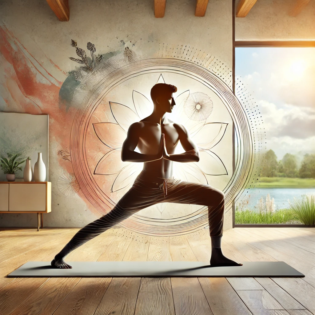 Yoga for Weight Loss: A person performing the Warrior Pose in a serene yoga studio filled with natural light, symbolizing the connection between yoga practice and weight loss.