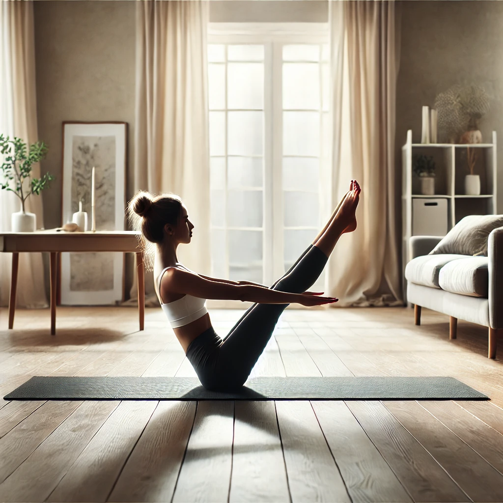 Yoga for Core Strength: A person practicing the Boat Pose (Navasana) in a serene yoga studio, focusing on building core strength with natural light and minimalist decor in the background.