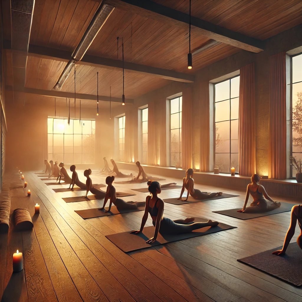 People practicing hot yoga in a peaceful, misty studio with warm lighting, wooden floors, and large windows showing a beautiful sunset.