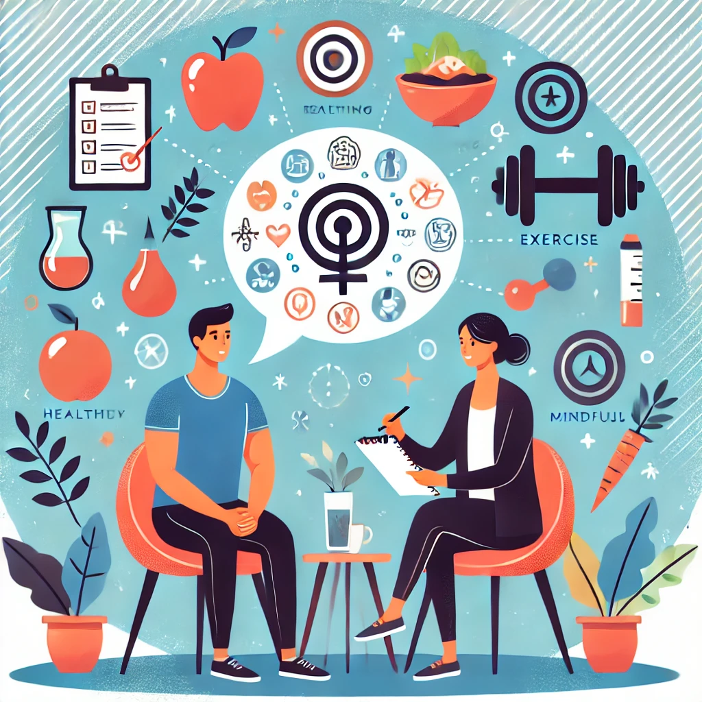 Illustration of a person in a therapy session discussing weight management strategies with symbols of healthy eating, exercise, and mindfulness in the background, representing the behavioral therapy for obesity treatment.
