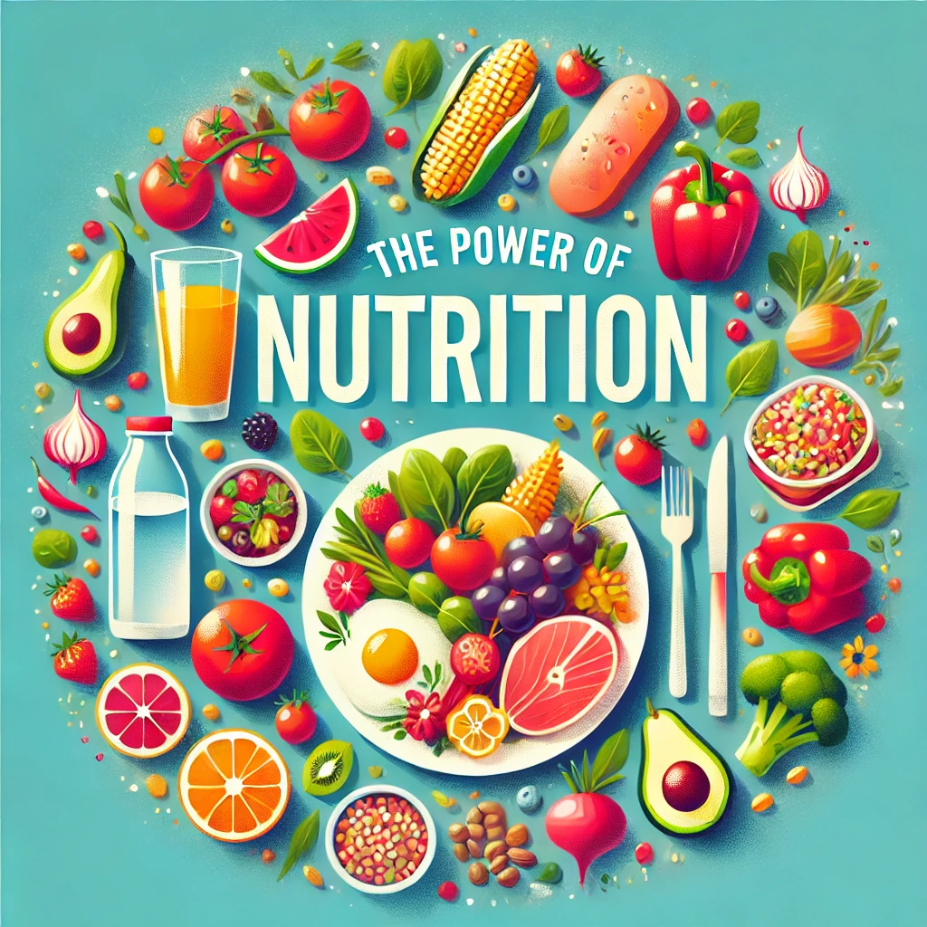 A colorful and balanced plate of food, showcasing fresh fruits, vegetables, grains, and proteins with a glass of water, highlighting the importance of nutrition for health.