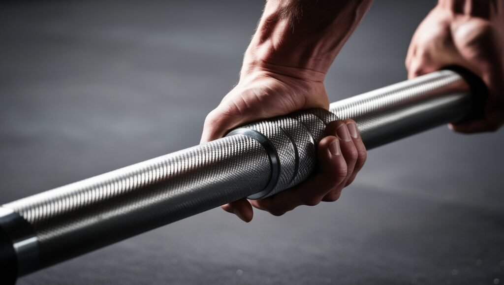 A close-up shot of a barbell with aggressive knurling and a slight bend (to demonstrate the whip). The lighting should highlight the etched knurling pattern and the flexibility of the bar. The bar should be in use, with an athlete’s hands gripping it.