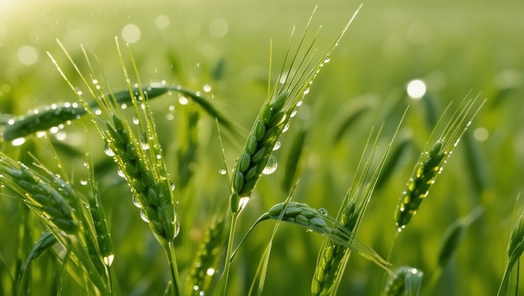Close-up of green barley grass with dew, symbolizing the natural purity and detoxifying properties of green barley used in Green Barley Plus.