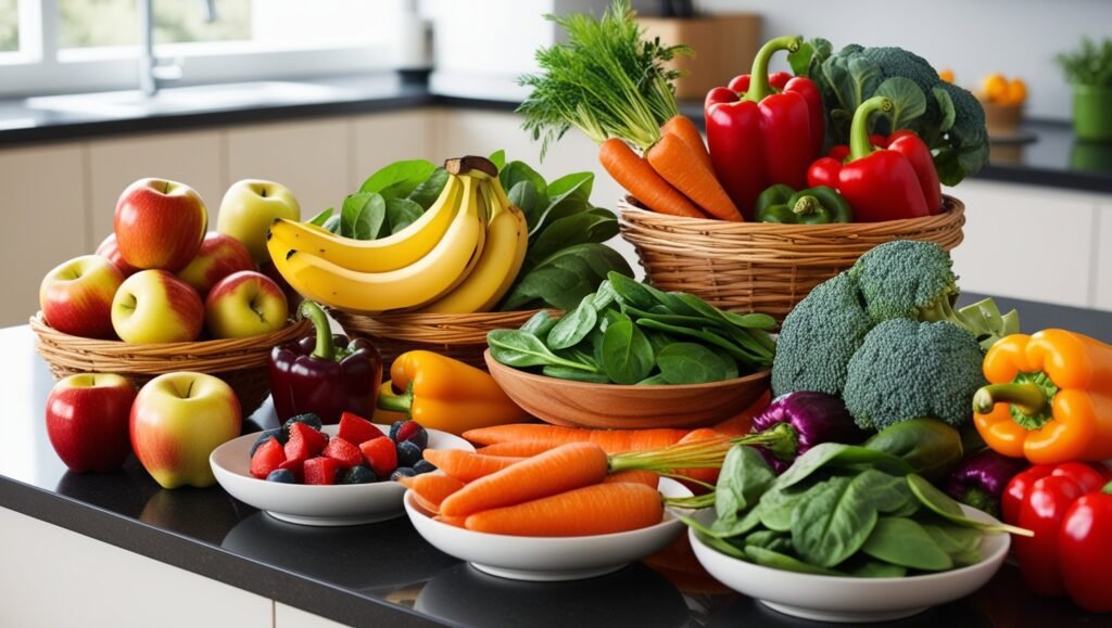 A detailed image of fresh fruits and vegetables arranged in baskets and bowls on a kitchen counter. The assortment includes apples, bananas, spinach, broccoli, carrots, and colorful bell peppers, set in a modern kitchen with natural lighting.
