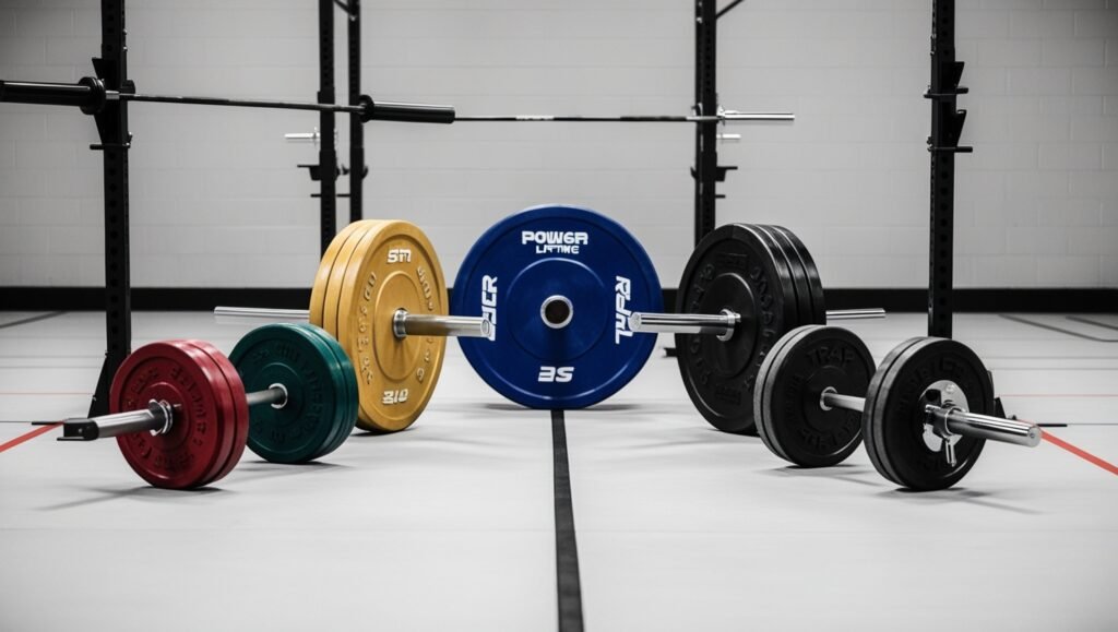 A detailed visual comparison of different types of barbells (standard, Olympic, powerlifting, EZ curl, and trap bar) placed on a clean gym floor. Each barbell should be labeled with its name and a distinct feature (e.g., knurling, rotating sleeves, curved design). The background should be minimalistic, allowing the barbells to be the focus.