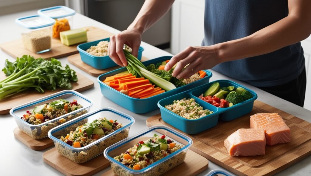 A person preparing meals for the week with containers filled with whole grains, vegetables, and lean proteins, showing how to organize and follow the DASH diet effectively.