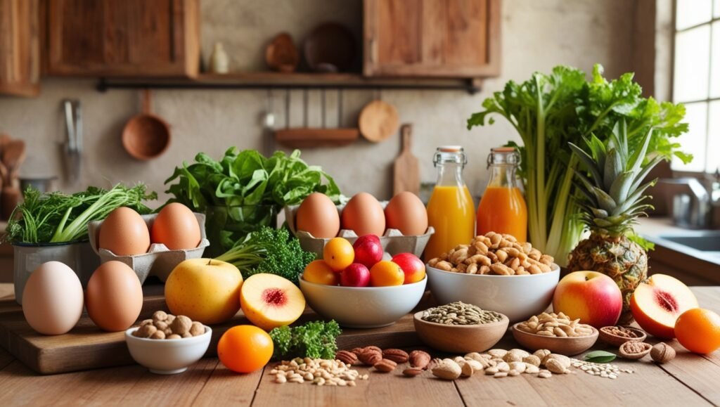 A warm and inviting kitchen scene featuring an array of Paleo-friendly foods, including eggs, fresh fruits, vegetables, nuts, and seeds, promoting healthy eating habits.