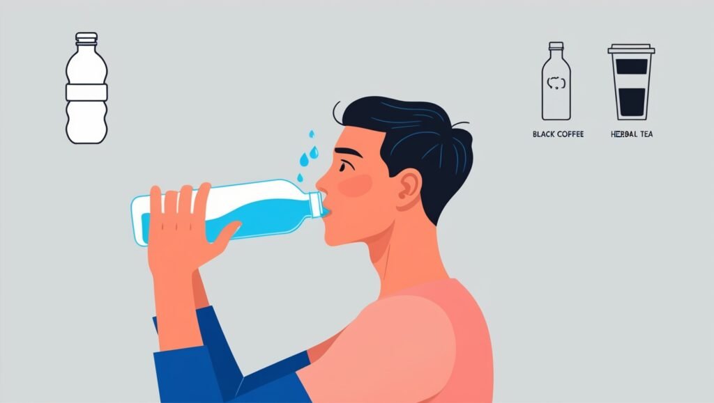 A person drinking water during a fasting period, symbolizing the importance of staying hydrated with water, black coffee, and herbal teas.