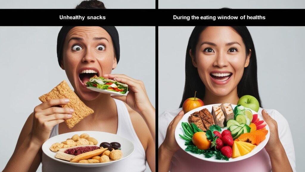 Split-screen showing unhealthy eating habits on one side and healthy meal choices during intermittent fasting on the other.