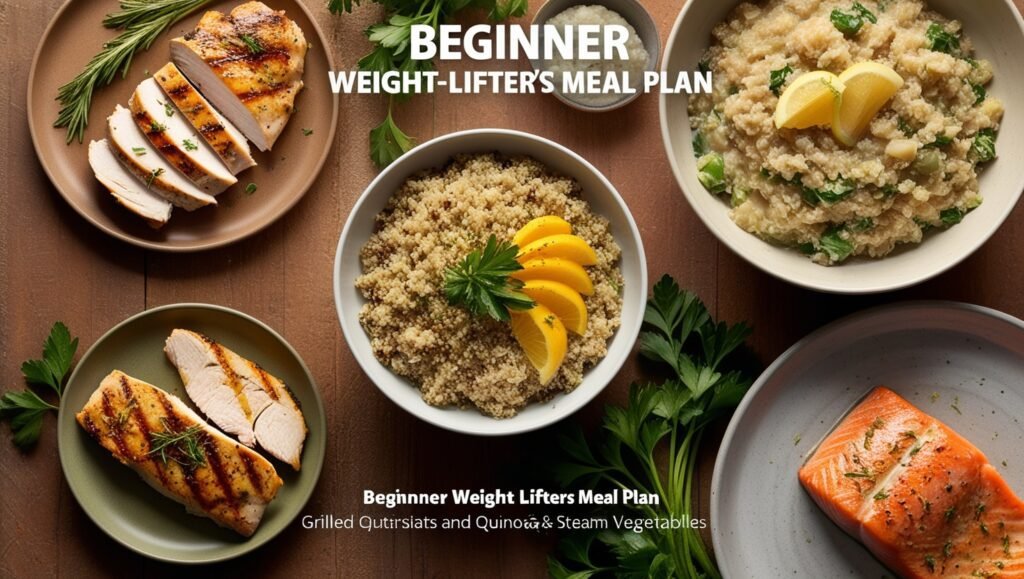 A meal plan table showing healthy foods like chicken, quinoa, salmon, and oatmeal, essential for beginner weight lifters.