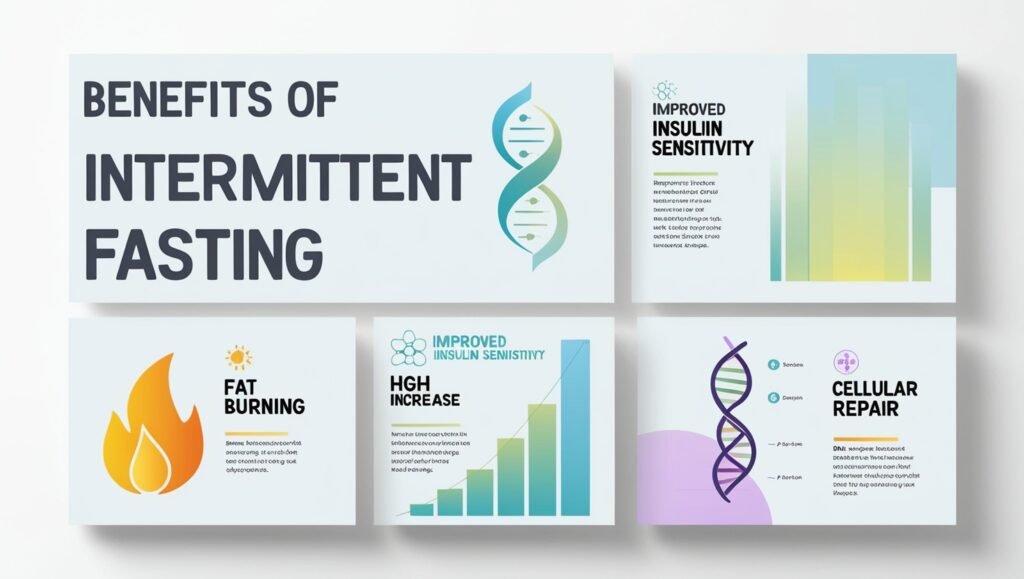 Infographic showing the effects of intermittent fasting, like fat burning, improved insulin sensitivity, HGH increase, and cellular repair.