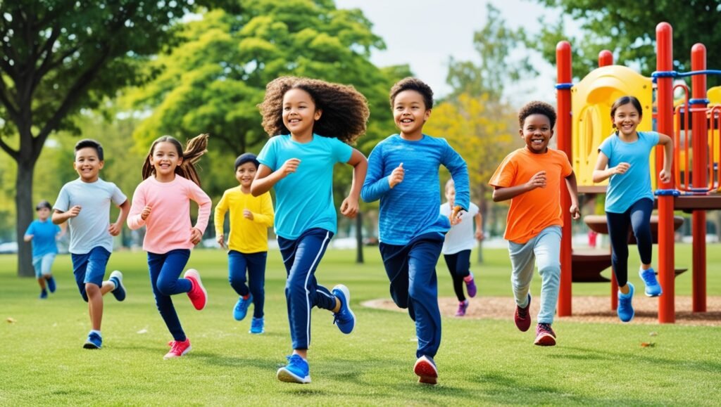 Children playing outdoors in a park, engaging in activities like running and jumping rope, promoting regular physical activity.