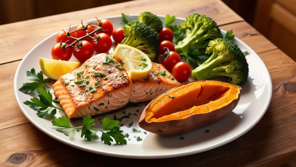 A delicious plate of grilled salmon accompanied by steamed broccoli and sweet potatoes, illustrating a balanced meal option within the Paleo diet.