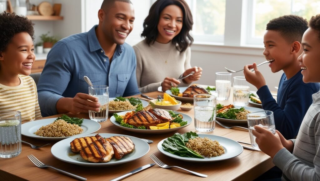 Family in a kitchen preparing a healthy meal with fruits, vegetables, and lean proteins, promoting healthy eating habits in children.