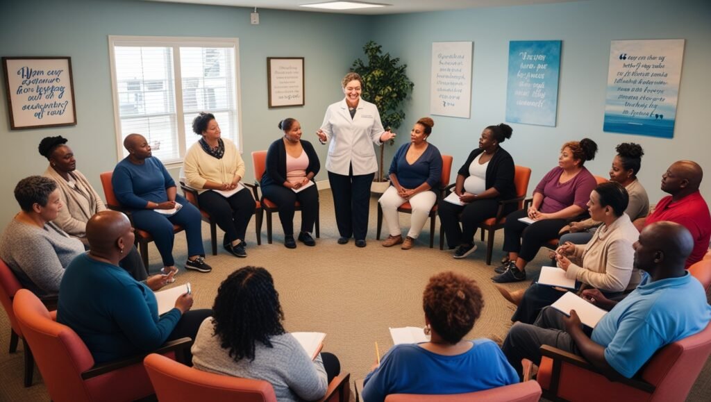 A support group meeting focused on behavioral therapy for obesity, where participants share their experiences and support each other.