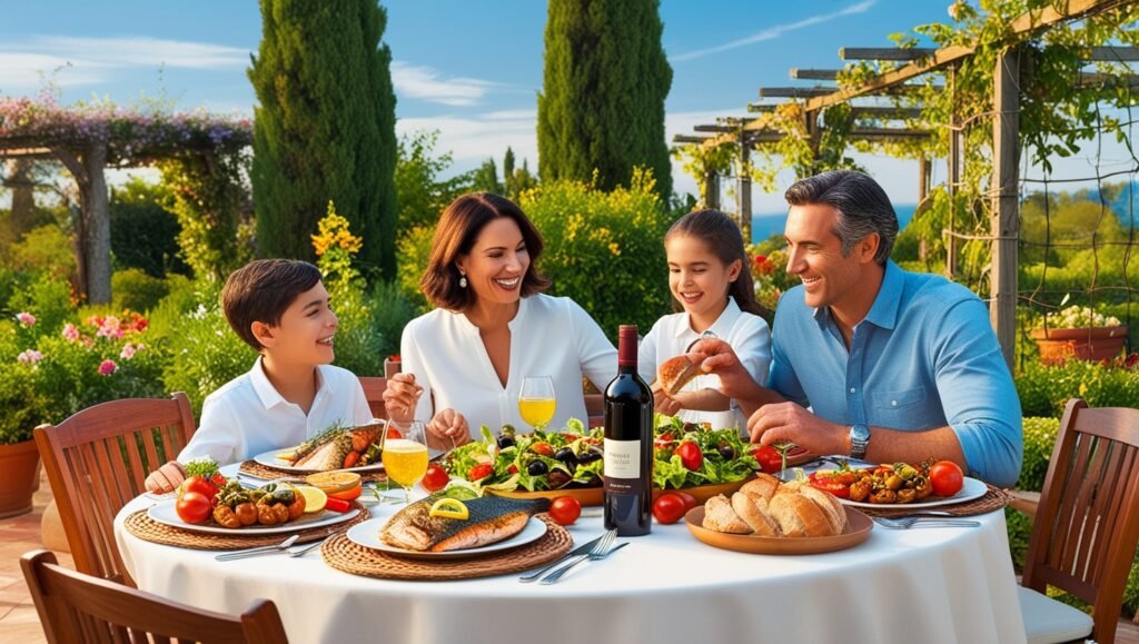 A family enjoying a Mediterranean meal outdoors, with a table set with dishes like grilled fish, salads, and a bottle of red wine, surrounded by greenery.